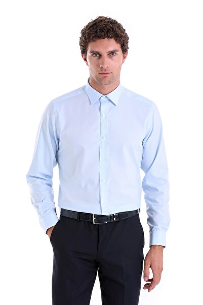 Hatemoğlu Mavi Comfort Fit Desenli 100% Pamuk Slim Yaka Uzun Kollu Klasik Gömlek