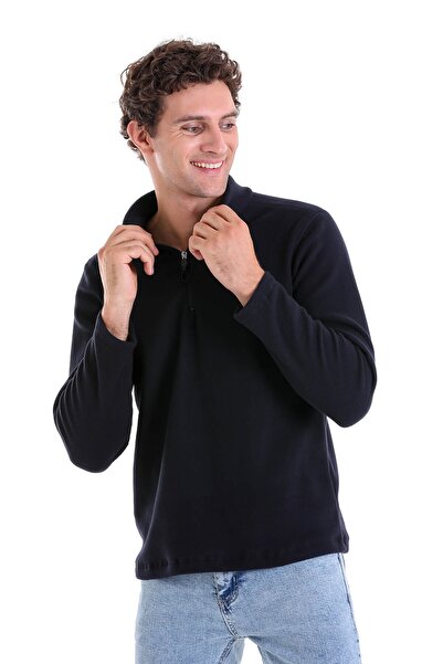 Hatemoğlu Navy Blue Regular Fit Plain Half Zipper Bato Collar Fleece Sweatshirt