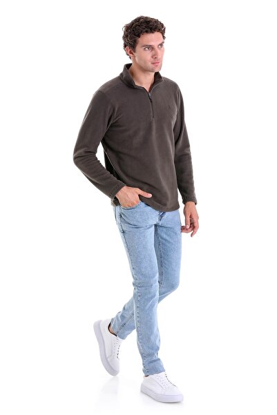 Hatemoğlu Khaki Regular Fit Plain Half Zipper Bato Collar Fleece Sweatshirt