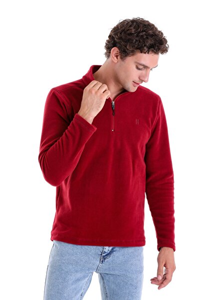 Hatemoğlu Claret Red Regular Fit Plain Half Zipper Bato Collar Fleece Sweatshirt