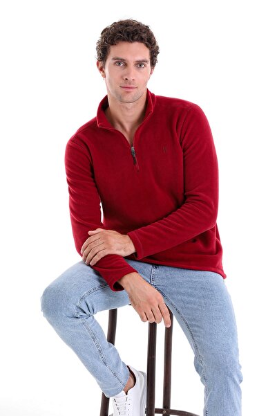 Hatemoğlu Claret Red Regular Fit Plain Half Zipper Bato Collar Fleece Sweatshirt