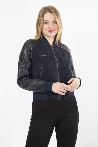 By Marki Marki Genuine Leather Coat College Navy Blue Fur College Women's Genuine Leather Jacket