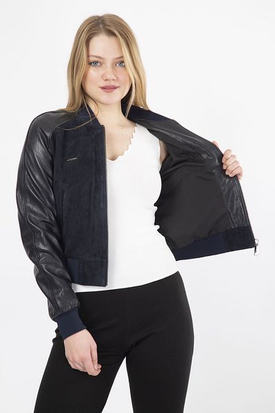 By Marki Marki Genuine Leather Coat College Navy Blue Fur College Women's Genuine Leather Jacket