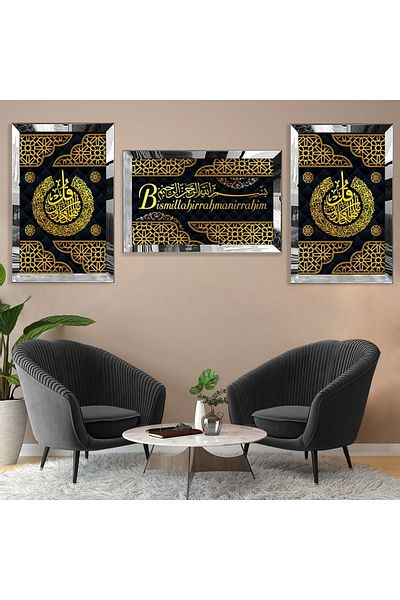 Zevahir Mobilya Dekorasyon Set de pictură din MDF triplu cu cadru din plexiglas cu oglindă argintie