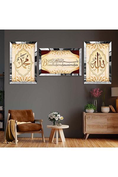 Zevahir Mobilya Dekorasyon Set de pictură din MDF triplu model religios Besmele cu cadru din plexiglas cu oglindă argintie