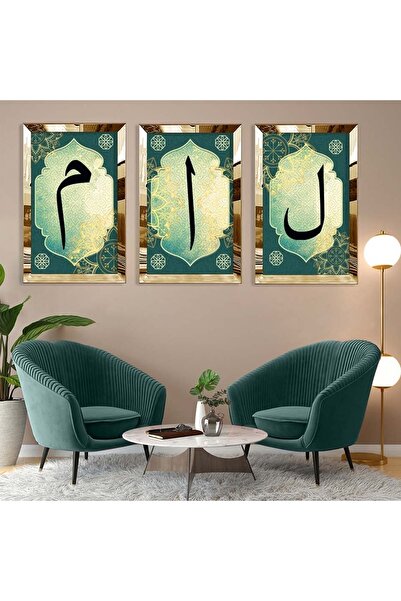 Zevahir Mobilya Dekorasyon Gold Aynalı Pleksi Çerçeveli Elif Vav Mim Dini Üçl...