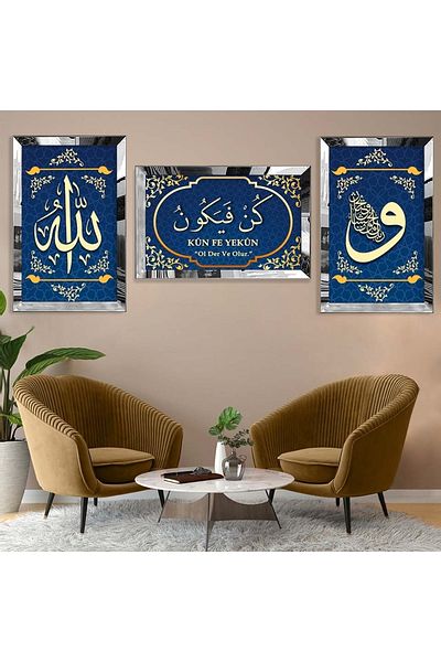 Zevahir Mobilya Dekorasyon Set de masă din MDF triplu cu cadru din plexiglas cu oglindă argintie Kun Fe Yekün Model religios