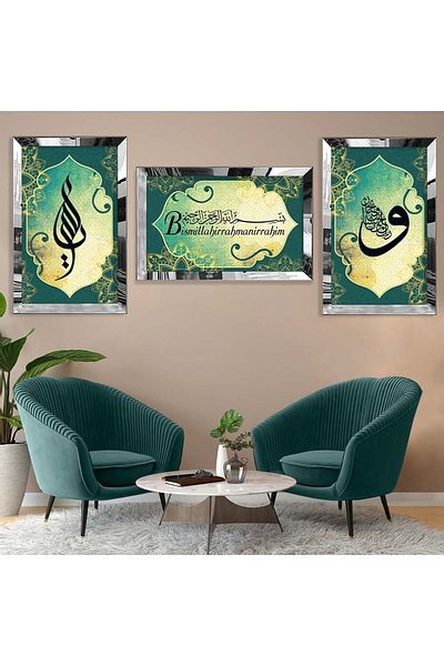 Zevahir Mobilya Dekorasyon Set de pictură din MDF triplu cu cadru din plexiglas cu oglindă argintie, fundal verde triplu, model religios Besmele