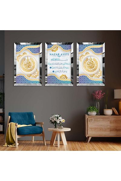 Zevahir Mobilya Dekorasyon Set de pictură din MDF triplu model religios cu cadru din plexiglas cu oglindă argintie