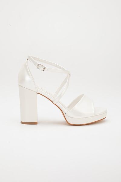 LİLLA women's thick heel platform strappy pearl color wedding shoes
