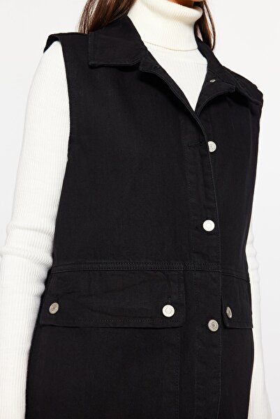 Trendyol Collection Black Shirt Collar Pocket Detailed 100% Cotton Denim Vest Jacket TCTAW22CK0006