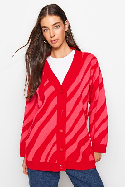 Trendyol Modest Red Animal Line Patterned Knitwear Cardigan TCTAW24TH00048