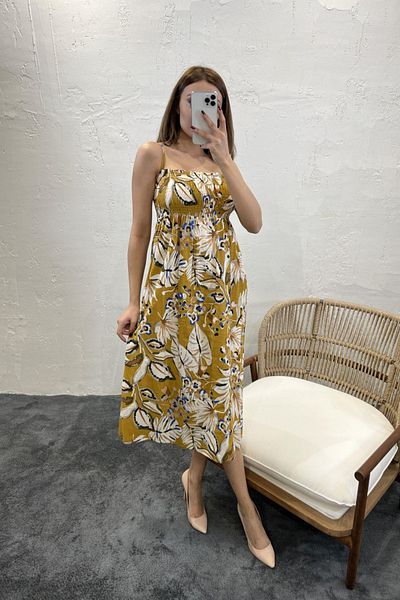 Lucax Rochie de dama de culoare mustar-Rochie de vara 100% bumbac Rochie de dama-Rochie cu bretele