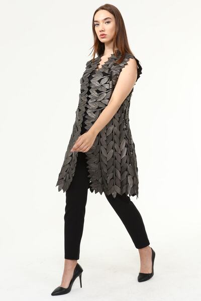 Zamback Yaprak Desenli Gerçek Deri Yelek