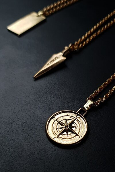 3-Piece Compass, Plate, Arrowhead Gold Color Thick Chain Necklace
