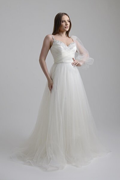 SpringStore Ekru Tek Omuz Tüllü Abiye Elbise