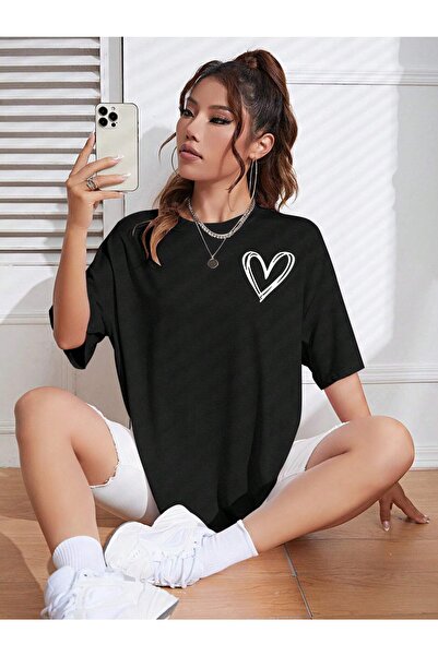 FAVORİST Tricou negru din bumbac oversize cu imprimeu Minimal Heart