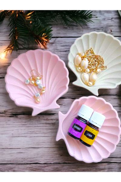 stonnish 3-piece Decorative Concrete Oyster Plate Set - Soap Dish, Pink and Raw White