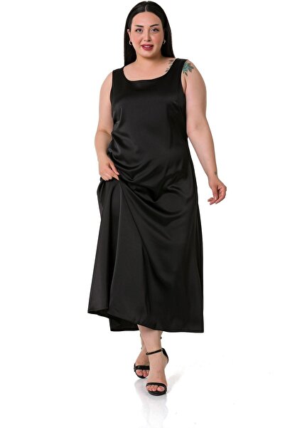 DISENTIS MODEST Plus Size U-Neck Satin Black Long Dress