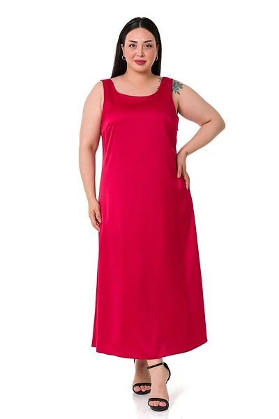 DISENTIS MODEST Plus Size U-Neck Satin Red Long Dress