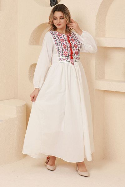 AYASOFYA OTANTIK Γυναικείο Ethnic Αυθεντικό Φόρεμα Λευκό Kanavice Κεντημένο με Φόδρα