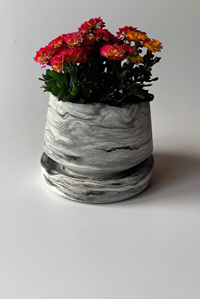 sin istanbul Saksı Ve Saksı Altlığı Seti Mermer Desen