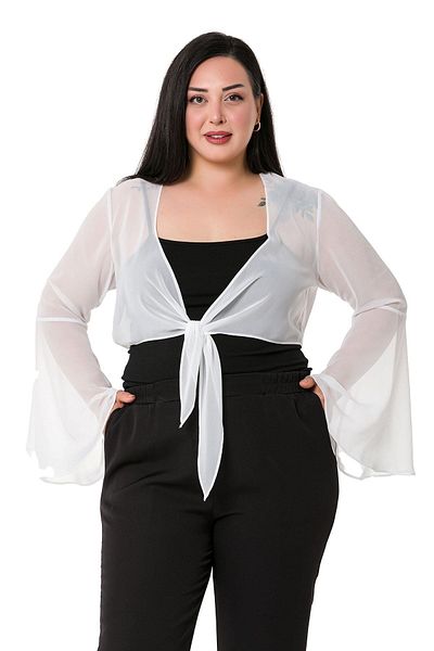 DISENTIS MODEST Plus Size Spanish Sleeve Tied Front Chiffon White Bolero