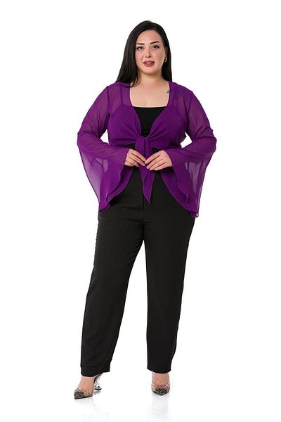DISENTIS MODEST Plus Size Spanish Sleeve Tied Front Chiffon Purple Bolero