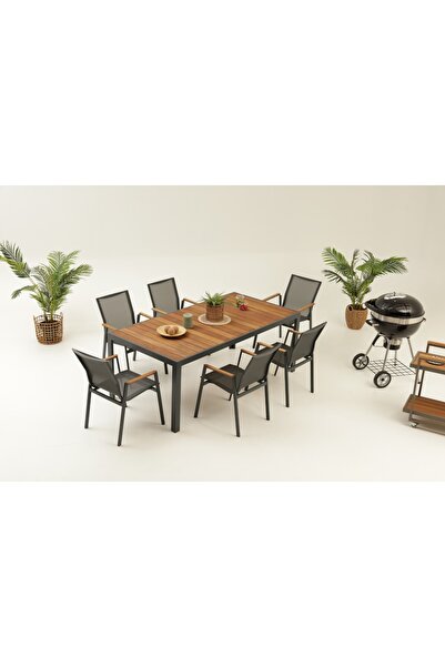 Divona Home Berus Alüminyum Bahçe Balkon Masa Takımı Antrasit 6 Kişilik