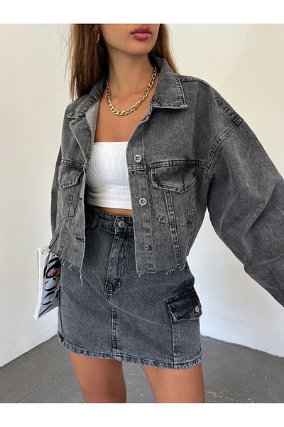 Fav Style Antracitová dámská Crop Oversize džínová bunda – bezešvá s knoflíky a dvojitými kapsami