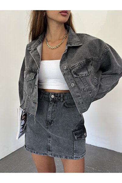 Fav Style Anthracite Γυναικείο Crop Oversize Τζιν μπουφάν - Χωρίς ραφή, κουμπιά και διπλές τσέπες