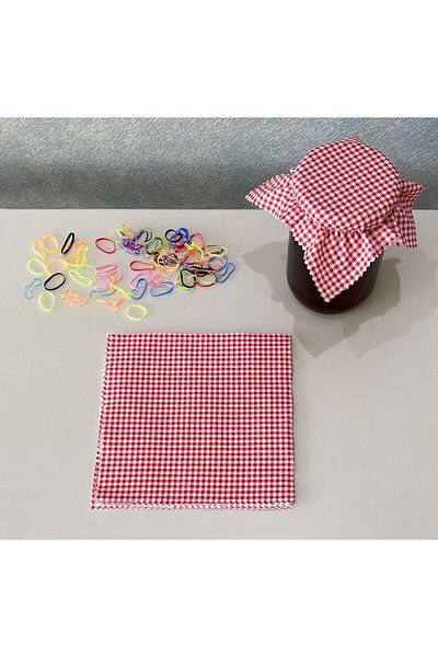 AdaEsintisi 50 Pieces Gingham Red Jar Lid Fabric (Cover) and Colored Binding Rubber
