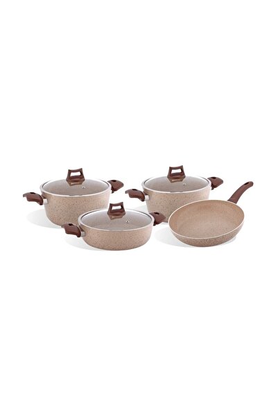 Kısmet Tencere/tava Seti Mermer Desenli Granit Ezme Tencere Set 7 Parça