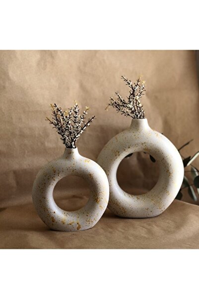 Genel Markalar Alaçatı Gold Detay Halka Vazo 2’li 19x17-15x14cm