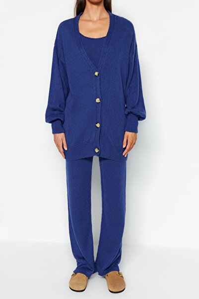 Trendyol Collection Széles szabású sötétkék kötöttáru szett - puha textúrájú 3 részes készlet TWOAW24AU00015