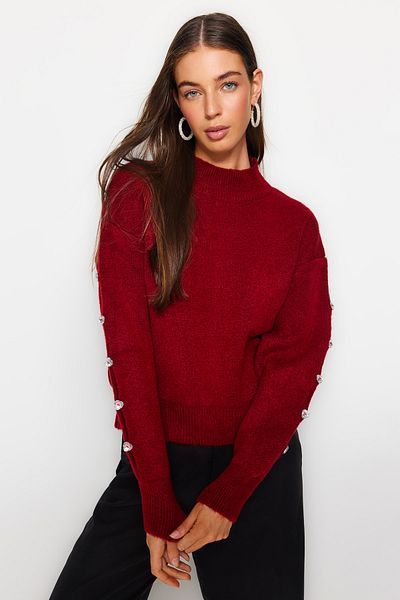 Trendyol Collection Claret Red Soft Textured Button Detailed Knitwear Sweater TWOAW24KZ00384