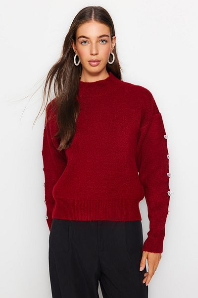 Trendyol Collection Claret Red Soft Textured Button Detailed Knitwear Sweater TWOAW24KZ00384
