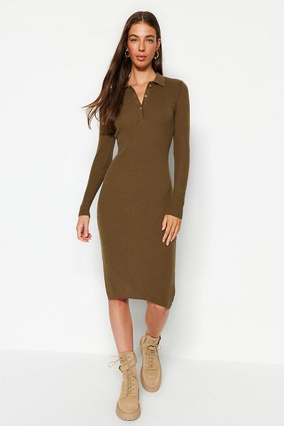 Trendyol Collection Khaki Midi kötöttáru póló nyakú ruha TWOAW24EL00029