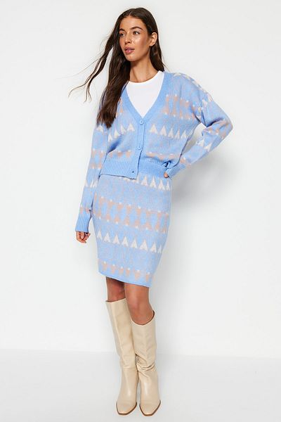 Trendyol Collection Kék mintás szoknyaruha kötöttáru - széles szabású TWOAW24AU00055