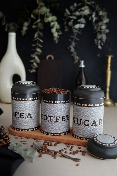 EVLE Cylinder Storage Container with Wooden Stand Ø105 Set of 3, Mosaic Erb56u1