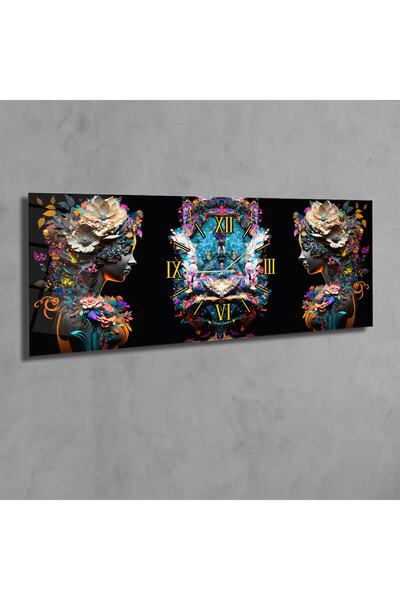 marpanya Çiçekli Kadın Yatay Ortadan Saatli Sanat Ve Doğa Temalı Cam Tablo 065