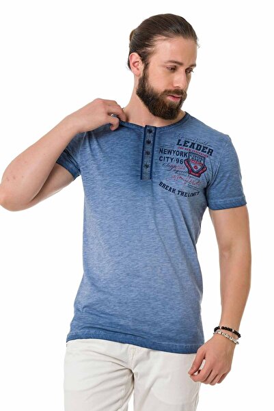 Cipo & Baxx Ct761 Buttoned Blue Washed Basic T-Shirt