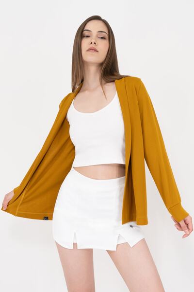 Soyo Жіночий жакет з віскози без ґудзиків з сальовим коміром з гірчичним орнаментом