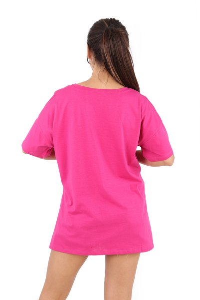 DİVİSTA Women's Fuchsia Crew Neck Side Slit Printed Basic T-Shirt