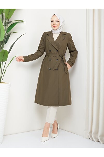 KMKkombin KADIN BÜYÜK BEDEN MEVSİMLİK DÜĞMELİ KUŞAK DETAYLI TRENÇ KOT
