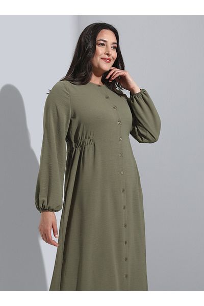 ALİA Plus Size Buttoned Dress with Elastic Waist - Winter Moss - Alia