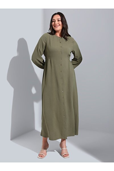 ALİA Plus Size Buttoned Dress with Elastic Waist - Winter Moss - Alia