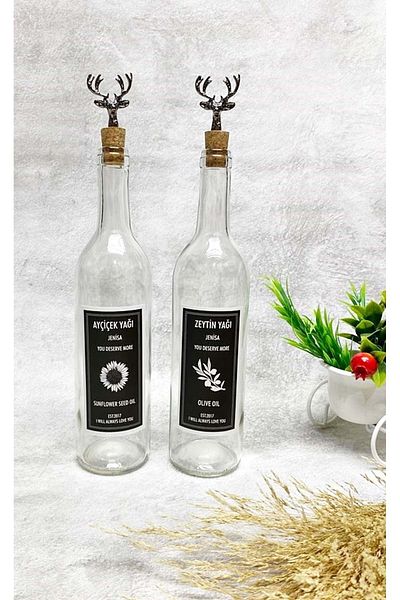 Jenisa Transparent Glass Bottle with Black Label Black Deer Cork Stopper 2-Piece 750 Ml Oil Pot