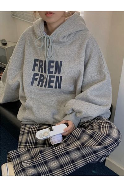 MOONBULL Graues Oversize-Sweatshirt mit Kapuze und Frien-Print für Unisex
