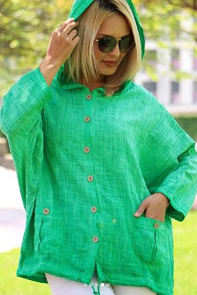 AYASOFYA OTANTIK Γυναικείο παλτό ζακέτα με πράσινη κουκούλα με λεπτομέρεια λινό